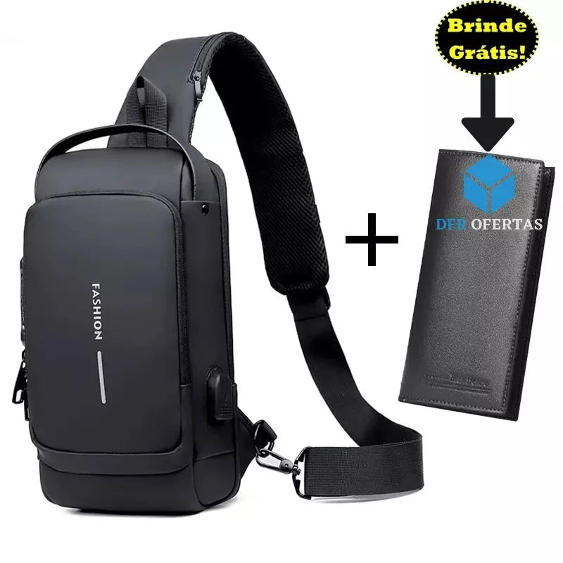 Bolsa de Ombro com Sistema Antifurto e Carregamento Usb + Brindes preto